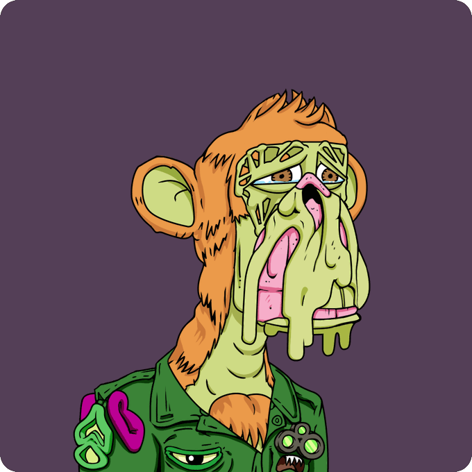 A digital illustration of a Bored Ape-style NFT character featuring orange fur, a melting green face, and a green jacket with patches, set against a purple background.