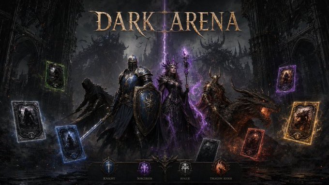 A promotional banner for "DARK ARENA" featuring fantasy characters including a knight, sorceress, rogue, and dragon rider, with class options labeled "Knight," "Sorcerer," "Rogue," and "Dragon Rider" at the bottom.

The image appears unrelated to the post's content about the $DARK cryptocurrency token, as it shows a fantasy game's class selection screen rather than any chart, market data, or token-related visuals mentioned in the accompanying text.