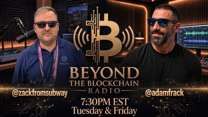 A promotional graphic for "BEYOND THE BLOCKCHAIN RADIO" podcast featuring two men with sunglasses and a Bitcoin logo, broadcasting at 7:30PM EST on Tuesday & Friday, with handles @zackfromsubway and @adamfrack.