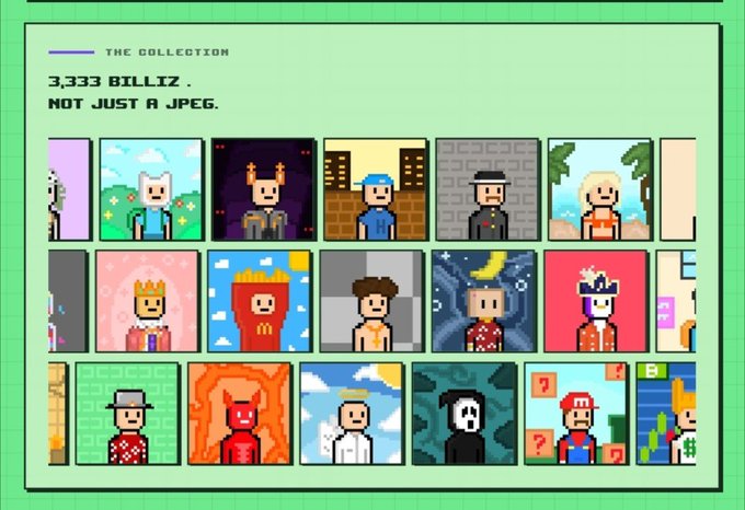 The image showcases a grid of 3,333 pixel art characters from "The Collection" by Billiz, emphasizing that they are "NOT JUST A JPEG" and offering interactive ways to engage beyond collecting.
