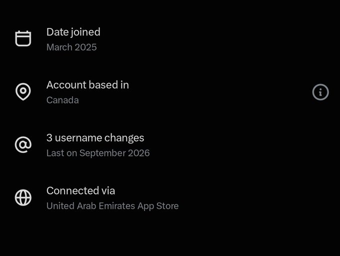 An account information screen displaying 'Date joined: March 2025', 'Account based in: Canada', '3 username changes: Last on September 2026', and 'Connected via: United Arab Emirates App Store'.