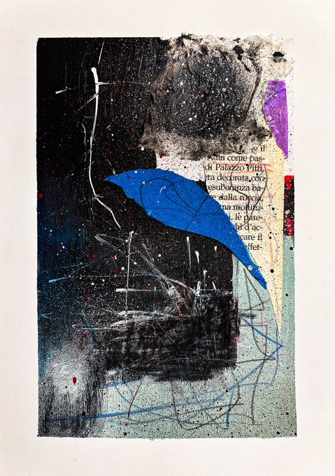 The image features a painting with an abstract style that includes elements of graffiti art. The artwork has been done using a variety of colors, including blue, black, white, red, and green. The painting appears to be a collage or mixed media piece, which is displayed on paper. The post also mentions the artist's name as "Unfamiliar Remains" and the date it was posted at 9:11 am.