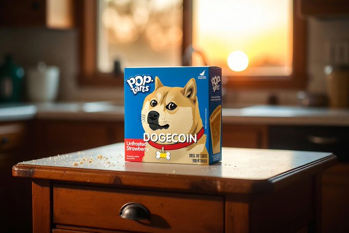A box of 'Pop-Tarts' featuring the Dogecoin Shiba Inu dog with the word 'DOGECOIN' and 'Unfrosted Strawberry' flavor sits on a wooden kitchen table with crumbs scattered around.