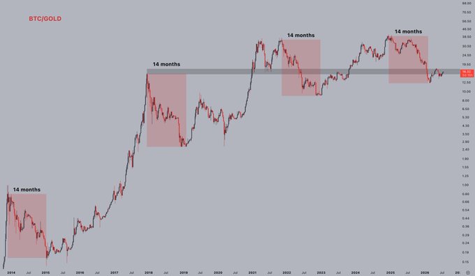 A BTC/GOLD ratio chart spanning from 2014 to mid-2025, with four highlighted pink boxes each labeled "14 months" marking periods where gold outperformed Bitcoin, with the current value reading 18.95 — supporting the post's claim that gold's 14-month outperformance window just ended and it's now Bitcoin's turn to shine.