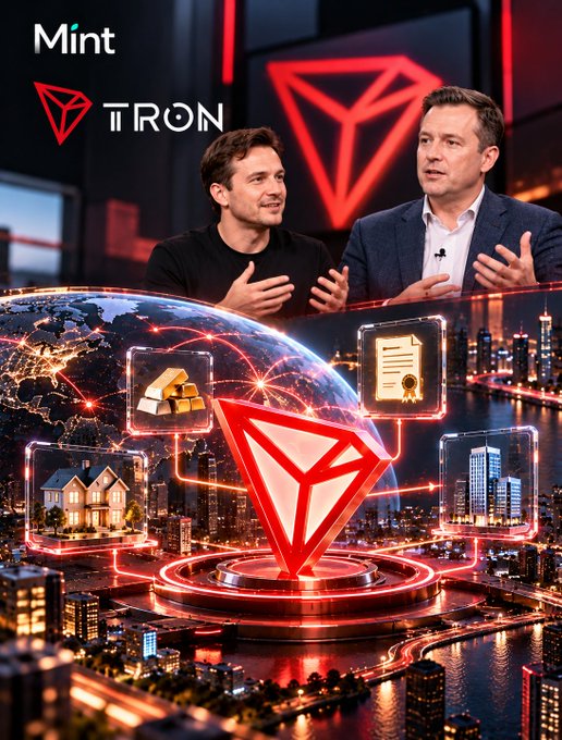 The image shows a promotional graphic featuring the Mint and TRON logos at the top, with two men in conversation below. The scene visually represents TRON's utility beyond stablecoins, depicting a house, gold bars, a certificate, and buildings connected through a glowing blockchain network, illustrating the secure, simultaneous exchange of digital assets like property and documents referenced in the post.