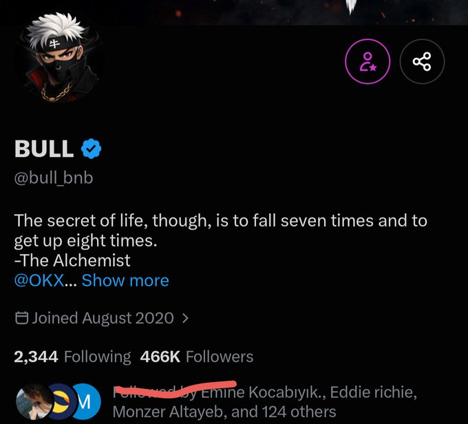 The image shows a Twitter (X) profile page for the verified account "BULL" (@bull_bnb) with 466K followers and 2,344 following, displaying a bio quote about resilience from "The Alchemist" alongside a ninja-themed avatar. The accompanying post welcomes back Bull BNB after a notable absence, suggesting this profile represents a well-known crypto influencer connected to $LUNC (Terra Luna Classic).