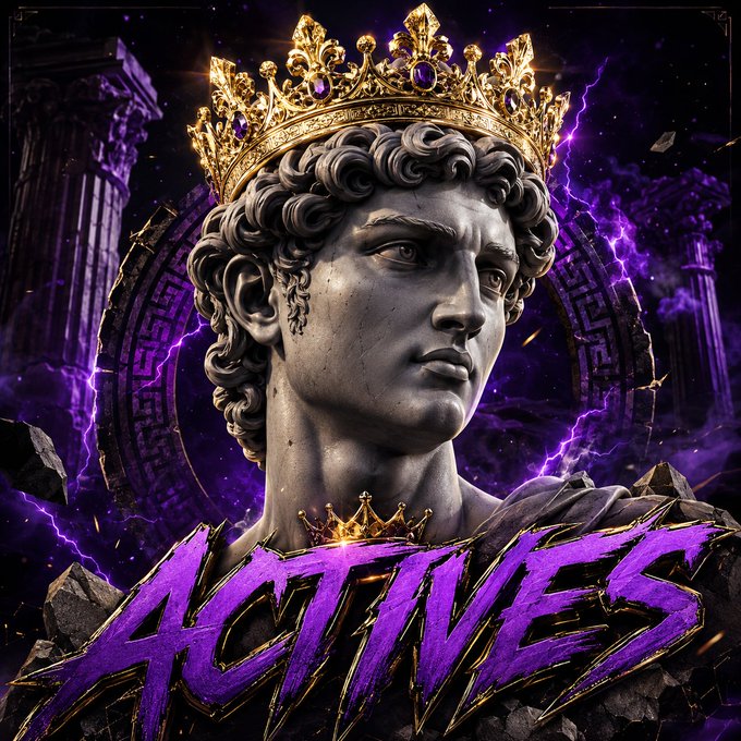 A regal stone bust wearing an ornate gold crown is set against a purple lightning-filled backdrop with classical pillars, featuring the stylized purple graffiti text "ACTIVES" at the bottom—fitting the post's promotion of giving away 0.2 SOL to active community members who drop their Solana wallets.