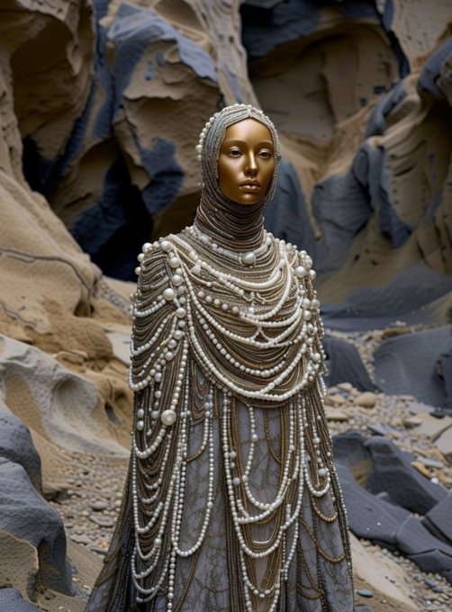 The image features a statue of a woman wearing a white robe with pearls, standing against a rocky cliff face. The statue appears to be made from stone or metal, giving it an artistic and unique appearance. The background consists of rocks and boulders, adding to the overall ruggedness of the scene. The post that accompanies this image is titled "Good Night Queen of Stillness" and has a URL of "objktcom/tokens/KT1A2tv". This suggests that the statue might be part of an art installation or exhibit at a museum or gallery, with the artist's name and the title of the post providing context for its display.