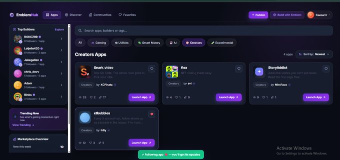 A screenshot of the Emblemhub website showing a 'Creators Apps' section with options like Snark.video, flex, StoryAddict, and citibubbles.