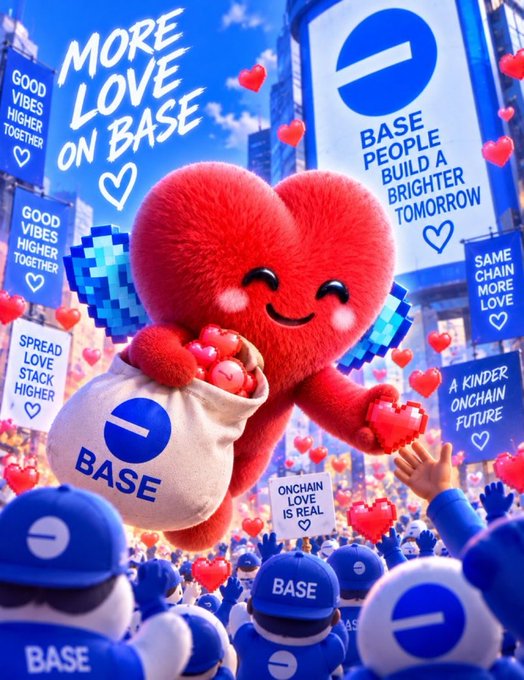 A vibrant promotional image for Base featuring a smiling heart character holding hearts and a 'BASE' bag, with signs reading 'MORE LOVE ON BASE', 'GOOD VIBES HIGHER TOGETHER', and 'ONCHAIN LOVE IS REAL'.