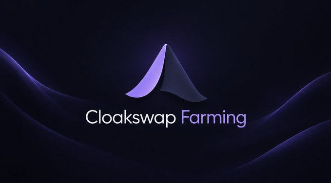 A dark purple graphic featuring a stylized logo and the text 'Cloakswap Farming' against wavy background lines.