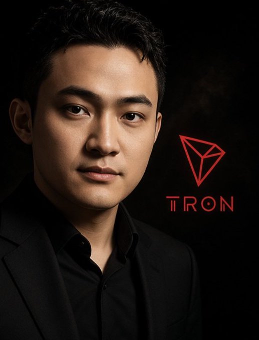 A professional portrait of an East Asian man in a black suit next to a red 'TRON' logo with its geometric diamond symbol.