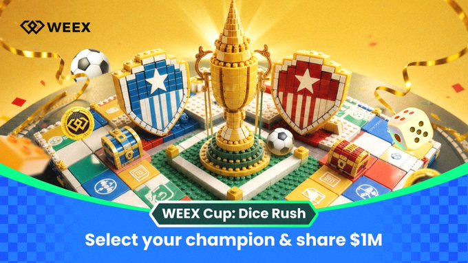 A promotional banner for the "WEEX Cup: Dice Rush" trading competition features a golden trophy surrounded by Lego-style soccer balls, dice, shields, and treasure chests, with text inviting users to "Select your champion & share $1M." The festive, gamified imagery aligns with the post's call to action for participants to register, trade, and submit their entries for a chance to win from a $600 USDT prize pool shared among 75 winners.