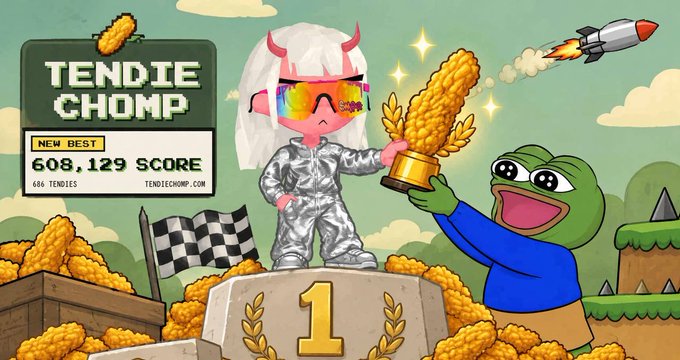 Pixel-art style banner for 'TENDIE CHOMP' showing a score of 608,129 with a white-haired character in sunglasses holding a chicken tender trophy on a podium, alongside a green frog character.