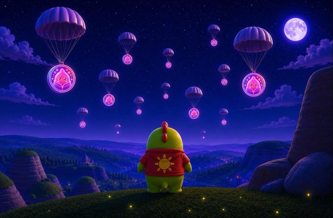 A 3D-rendered fantasy scene of a green character with a red cape and sun emblem standing on a hill at night, watching pink token coins descend on parachutes from a moonlit sky above a glowing valley.