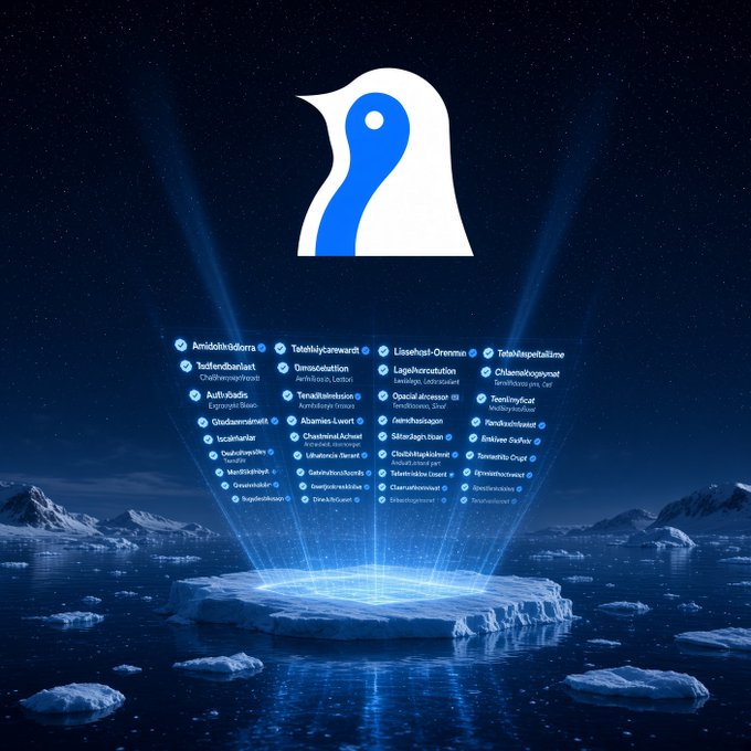 A stylized penguin logo hovers above an icy arctic landscape, with columns of unreadable, fictional placeholder text radiating upward like a holographic projection from a glowing ice platform.

The image visually echoes the post's theme of "AntarcticWallet" and address verification by depicting a remote, frozen frontier where data streams project from ice—a fitting metaphor for the cold, precise address hygiene routine the author describes.