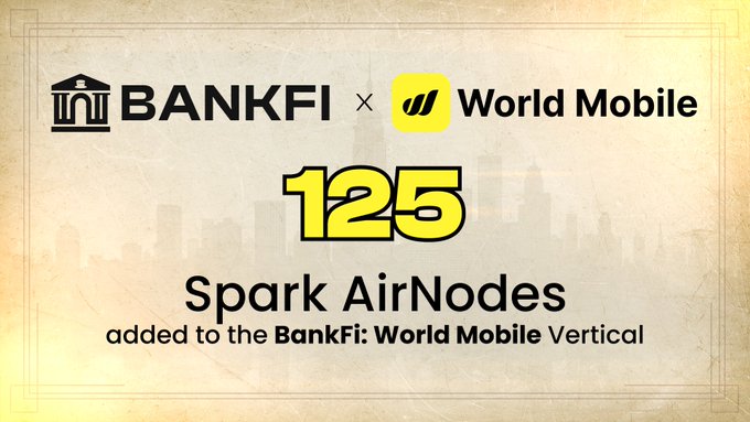 A BankFi partnership announcement showing '125 Spark AirNodes added to the BankFi: World Mobile Vertical' with both company logos.