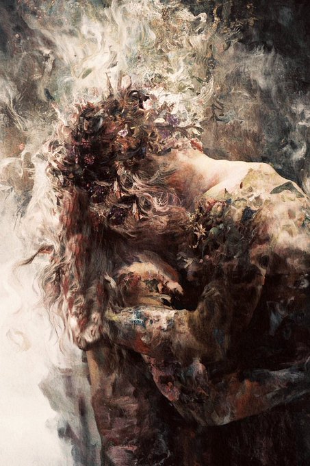 A richly textured, expressionistic oil painting depicts a figure with flowing, voluminous hair intertwined with foliage and floral elements, shown in a hunched, introspective pose. The composition blends human form with natural motifs in a painterly, almost dreamlike style with dark, earthy tones and swirling brushwork.