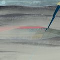 A small abstract watercolor painting featuring soft washes of pink, blue, and brown against a dark border.