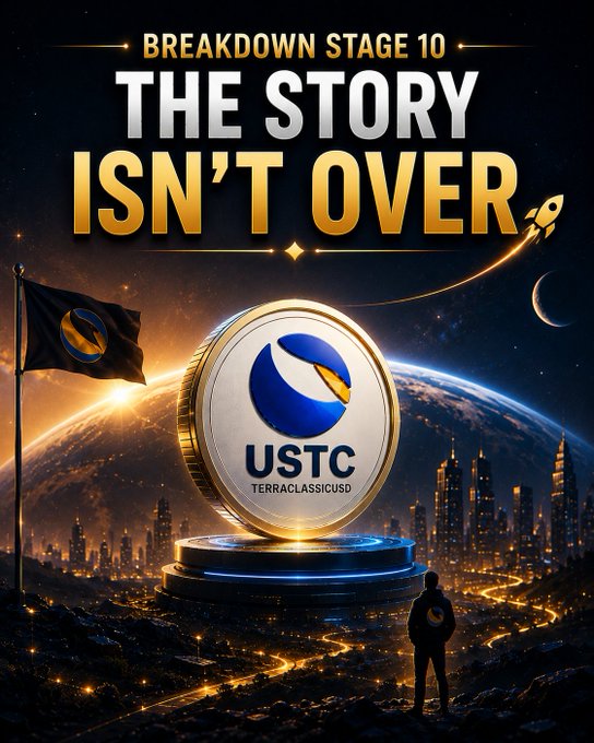 A promotional graphic titled 'BREAKDOWN STAGE 10 THE STORY ISN'T OVER' featuring a large gold USTC (TerraClassicUSD) coin against a backdrop of Earth from space and a futuristic city at night.