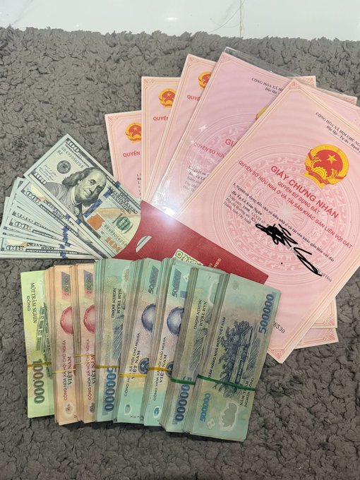 Collection of currency laid out on a carpet, including stacks of US $100 bills, Vietnamese Dong banknotes in various denominations, and pink Vietnamese land use right certificates ('GIẤY CHỨNG NHẬN QUYỀN SỬ DỤNG ĐẤT').