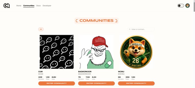 The image shows a website called CoinComms, which has a page dedicated to communities. The main focus of this page is a collection of three different community posts displayed side by side. Each post features a cartoon character wearing a hat with a peace sign on it and includes text about the community they belong to. The first post is titled "Communities" and the other two are labeled as "Babwooko" and "Worx". The website also has a section for users to share their own posts, which can be accessed by clicking on the "Post" button in the top left corner of the image.