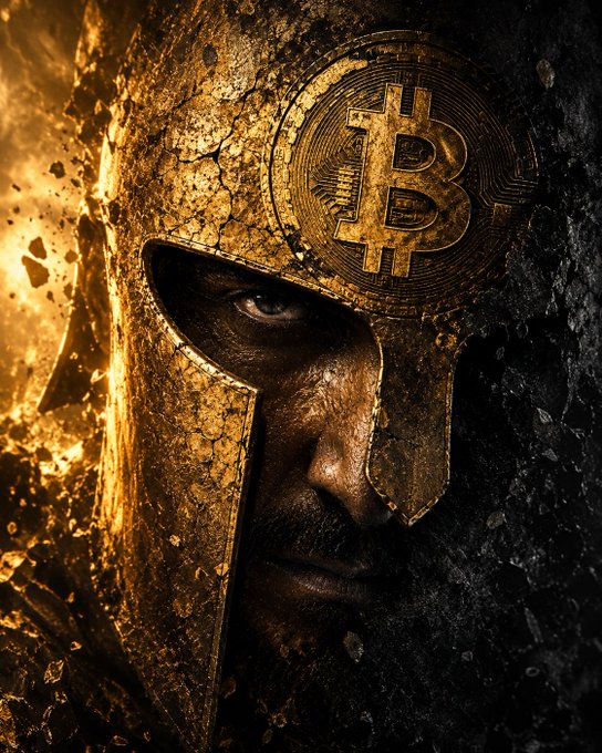 A weathered warrior in a cracked golden helmet emboldened with a Bitcoin "₿" emblem gazes intensely from the darkness, embodying the post's message to "Destroy the Fiat Version inside You" by symbolizing the rise of decentralized currency over traditional financial systems.