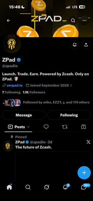 A mobile screenshot of a Twitter/X profile for "ZPad" (@zpadio), showing the description "Launch. Trade. Earn. Powered by Zcash. Only on ZPad." and 1.1K followers.