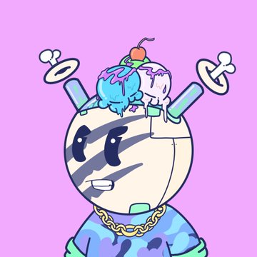 A cartoon illustration of a character with a robotic head wearing a blue tie-dye shirt and a gold chain, topped with melting ice cream, a cherry, and pacifiers.