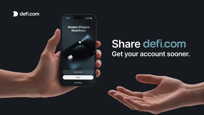 An advertisement showing a hand holding a smartphone displaying the defi.com app login screen with the text 'Modern Finance. Redefined.' and 'Share defi.com Get your account sooner.' beside an open receiving hand.