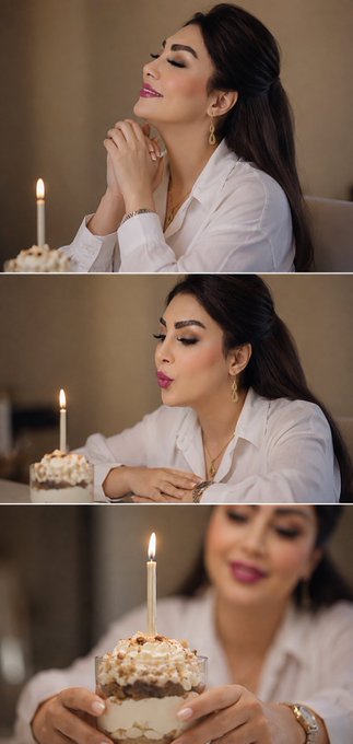 A three-panel collage shows a woman with long dark hair in a white blouse making a wish and blowing out a single candle on a small cake topped with cream and nuts.