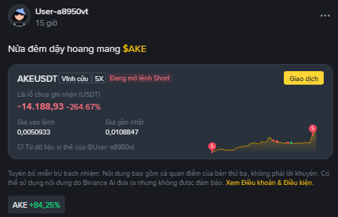 A screenshot of a Binance trading post by User-a8950vt featuring AKEUSDT with Vietnamese text 'Nữa đêm dậy hoang mang $AKE', showing a -264.67% loss of -14,188.93 USDT and a +84.25% gain on AKE.
