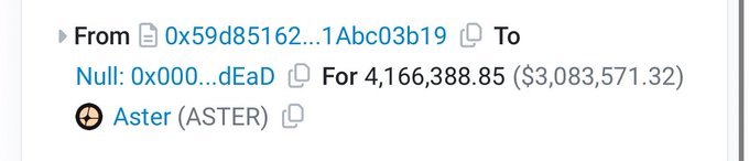 A blockchain transaction record showing a transfer of 4,166,388.85 ($3,083,571.32) from address 0x59d85162...1Abc03b19 to Null: 0x000...dEaD, involving the token Aster (ASTER).