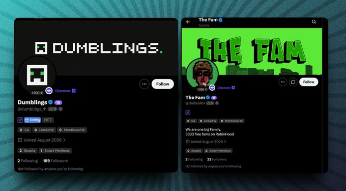 Two Twitter (X) profile cards displayed side-by-side: "Dumblings" (@dumblings_rh), a pixel-art style NFT account with 1200+ followers and a dark banner, and "The Fam" (@thefamRH), an NFT project with a green pixel banner also showing 1200+ followers. Both profiles are featured as early alpha picks in the accompanying Sunday NFT recommendations post.