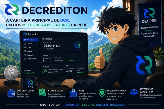 An anime-style promotional graphic for DECREDITON, the main Decred (DCR) wallet, highlighting features like secure wallet, stake & gain, voting, native security, and community governance, with a balance of 125.864243 DCR shown.