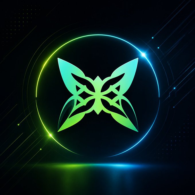 A glowing green and blue butterfly emblem encircled by a neon ring against a dark background, representing the Kusama (KSM) cryptocurrency logo.