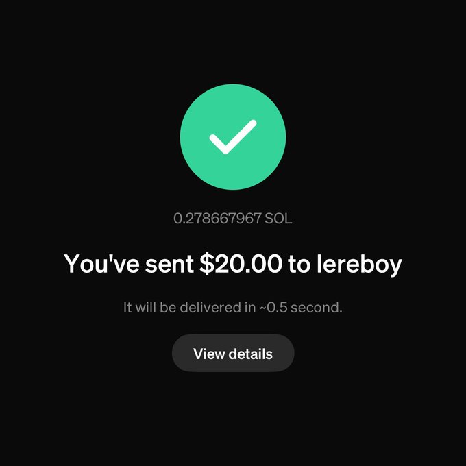 A green checkmark confirms a successful $20.00 (0.278667967 SOL) transfer to "lereboy," with the "you gotta have faith" caption playfully echoing the trust required when sending crypto to someone.