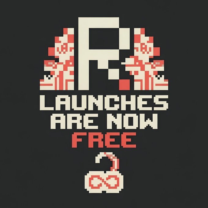 A pixel-art promotional graphic announces 'LAUNCHES ARE NOW FREE' in bold white and red text, featuring a stylized 'R.' logo flanked by red pixel-art figures and a game controller icon below.