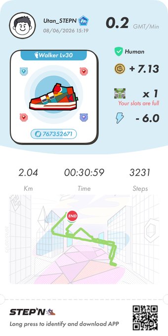 The image shows a step counter app with a cartoon character walking through an urban setting, wearing a red shoe. The app displays information about the user's progress, including their current position, distance traveled, and time elapsed. There are also icons representing different activities such as running, walking, and biking.