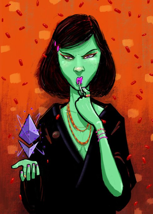 A green-skinned woman with a bob haircut applies pink lipstick while levitating a purple Ethereum diamond symbol on her fingertip, set against a fiery orange background scattered with floating capsules. The image pairs with the "gm" post as a stylized crypto-themed greeting, symbolizing a bullish Ethereum moment with a touch of edgy elegance.