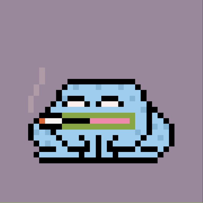 A pixel art illustration of a blue frog smoking a cigarette, with smoke drifting upward against a purple background.