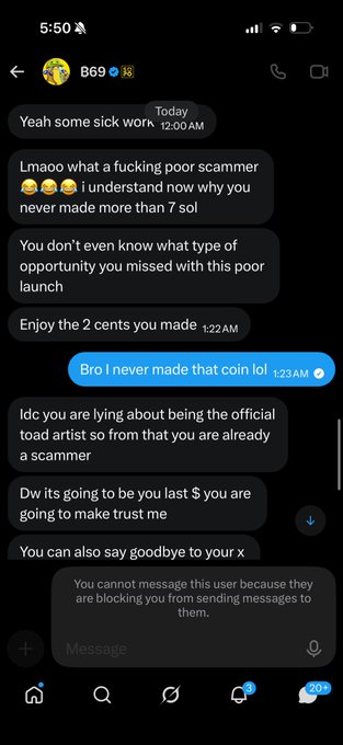 Mobile screenshot of a heated Twitter DM conversation involving insults and accusations of scamming, ending with a notification that the other user is blocking messages.