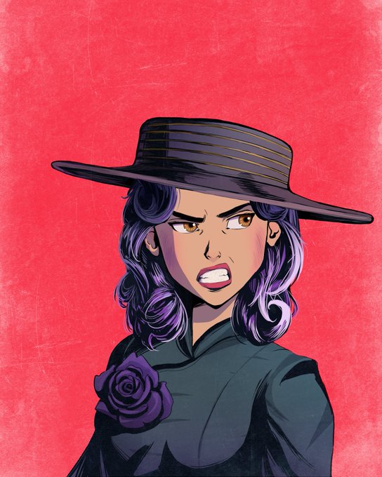 An anime-style illustration of a woman with purple hair wearing a wide-brimmed hat and dark coat with a purple rose pin, set against a red background.