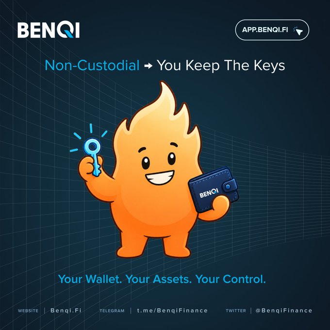 An advertisement for BENQI featuring a flame-like orange character holding a key and a wallet, with the text 'Non-Custodial → You Keep The Keys' and 'Your Wallet. Your Assets. Your Control.' along with website, Telegram, and Twitter handles.