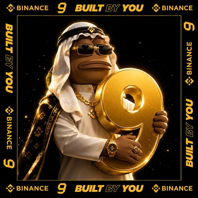 A cartoon frog wearing traditional Middle Eastern attire (keffiyeh and thobe) holds a large gold "9" symbol, surrounded by Binance branding and "Built By You" text in a decorative gold-and-black frame—visually commemorating Binance's 9th anniversary with a luxurious, celebratory aesthetic that matches the post's "Mubarak" milestone message.