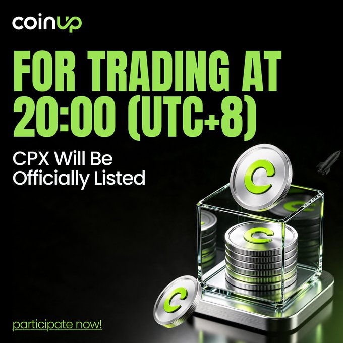 The image features a stack of coins inside a glass box with the letters "C" written on them. The text above the coins reads "For trading at 20-00 (UTC-8) Cpx will be officially listed". This suggests that the coins are being listed for trading, and the CoinUp platform is actively promoting this listing event.