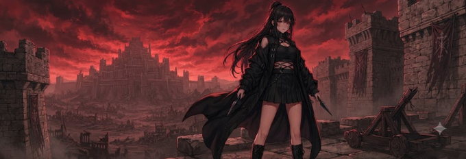 An anime-style illustration shows a black-haired female character in a dark dress and coat standing on a stone wall, overlooking a ruined castle and city beneath a deep red sky.
