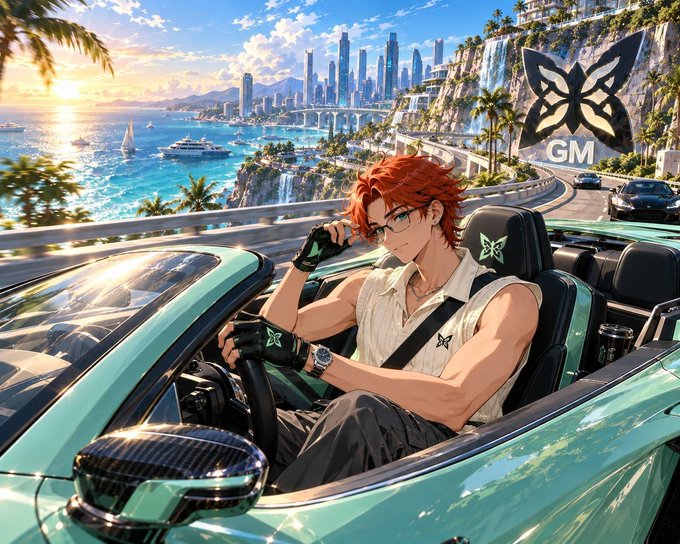 Anime-style digital art of a red-haired man in sunglasses driving a convertible along a coastal highway, with a "GM" butterfly logo watermark in the corner.