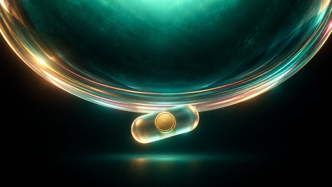 A golden capsule rests beneath a large teal sphere in a dramatic, cosmic-style composition with glowing light trails, evoking a sense of futuristic technology or interstellar launch. The image complements the announcement of RealFi's mainnet launch by visually symbolizing a new "launch" or release into the digital space.