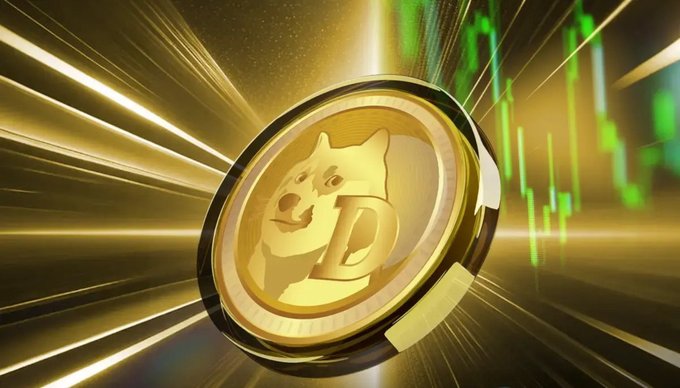 A golden Dogecoin ($DOGE) coin floats against a vibrant background of radiant light streaks and a green candlestick chart, visually reinforcing the post's upbeat message about $DOGE being a fun, must-have cryptocurrency for any portfolio. The smiling Shiba Inu on the coin perfectly embodies the "put a smile on your face" sentiment.